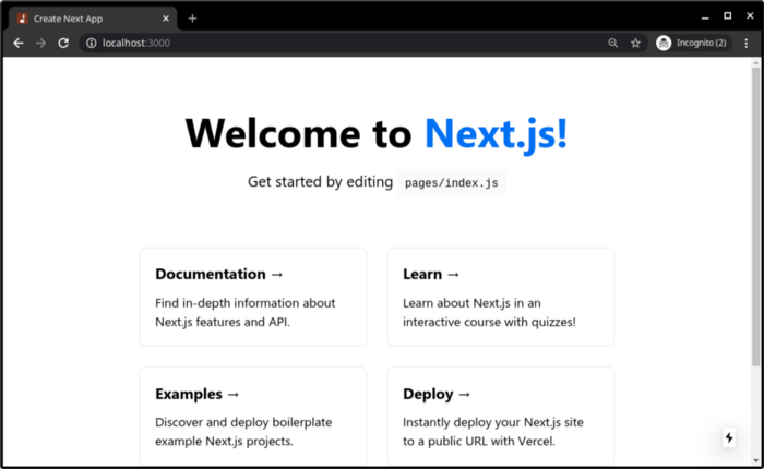 Tampilan awal aplikasi Next.js yang dibuat menggunakan create-next-app.